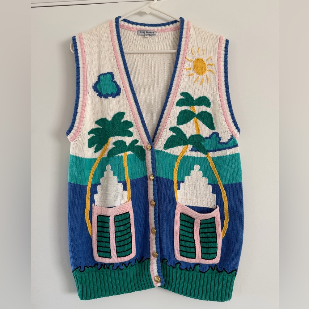 Tess Designs Bermuda Cotton Palm Tree Sweater Vest L Coastal Tropical Novelty